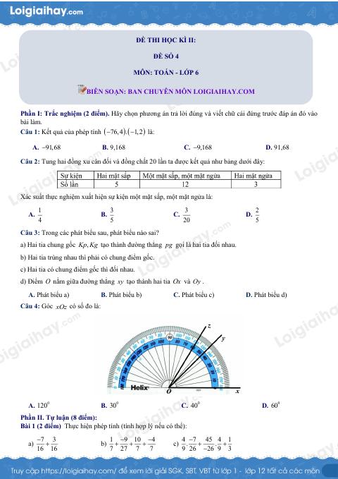 Đề thi học kì 2 Toán 6 - Đề số 4 - Cánh diều